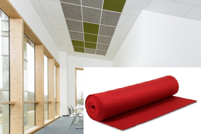 Akustikdeckenplatte für Rasterdecke, Schallabsorber, gesunde Raumluft durch Schafwollfilz, Farbe Karminrot Akustikdeckenplatte für Rasterdecke, Schallabsorber, gesunde Raumluft durch Schafwollfilz, Farbe Karminrot